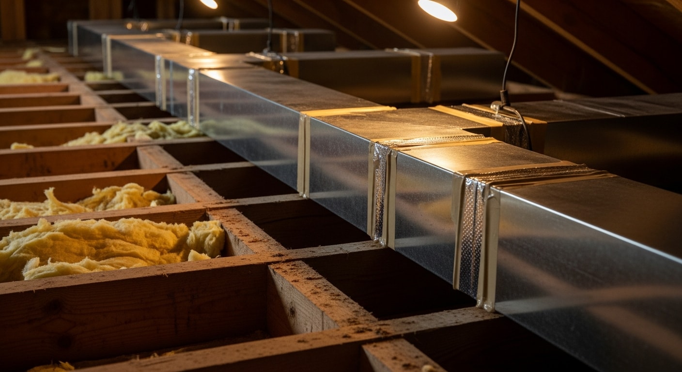 A Henn Heating and Air technician inspecting and sealing duct joints in the attic of a Muscle Shoals, AL home. Supply duct connections are visible with sealant applied at the joints.