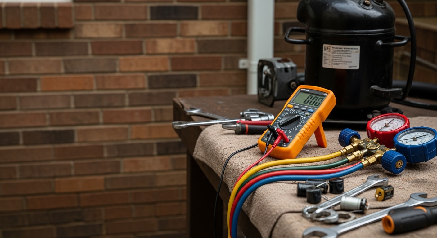 An HVAC technician inspecting a residential outdoor condenser unit at a single-family home in Muscle Shoals, AL during an emergency service call. The technician is using diagnostic equipment on the unit in a suburban backyard setting.