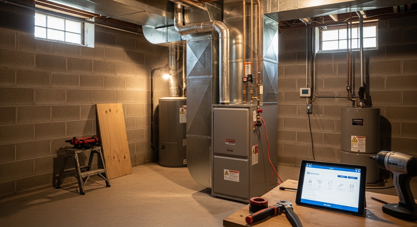A newly installed furnace unit inside the utility area of a single-family home in Muscle Shoals, AL, with clean ductwork connections and a digital thermostat mounted on the adjacent wall.