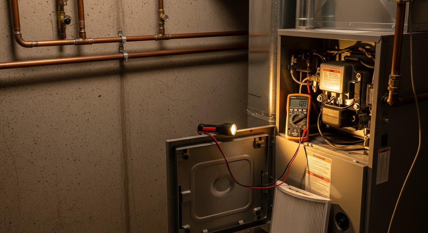 A heating contractor inspecting the interior components of a residential gas furnace during an annual maintenance visit in a Muscle Shoals, AL home. The technician examines the heat exchanger and burner assembly with a flashlight.