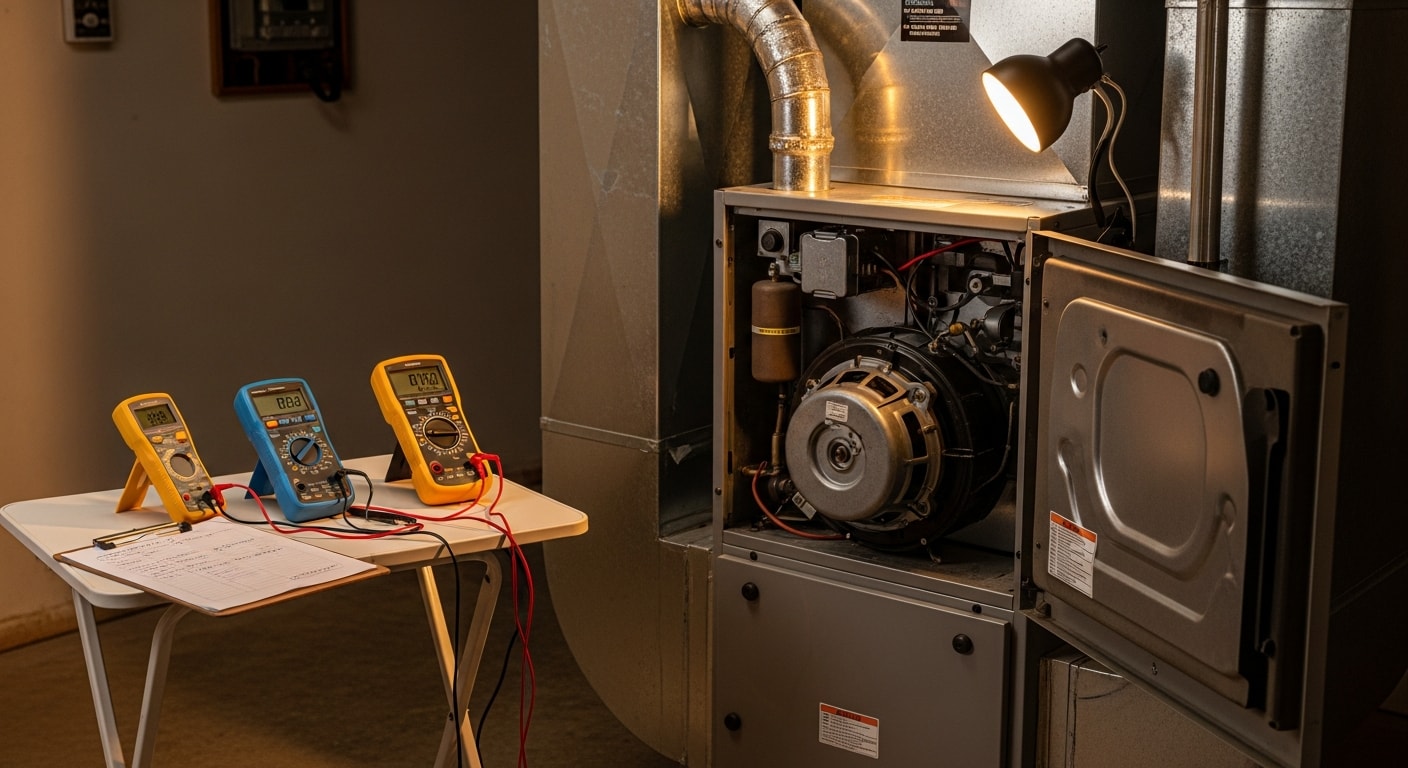 A heating contractor inspecting an open furnace unit inside a single-family home in Muscle Shoals, AL. The technician is checking internal components including the blower motor and heat exchanger during a furnace repair visit.