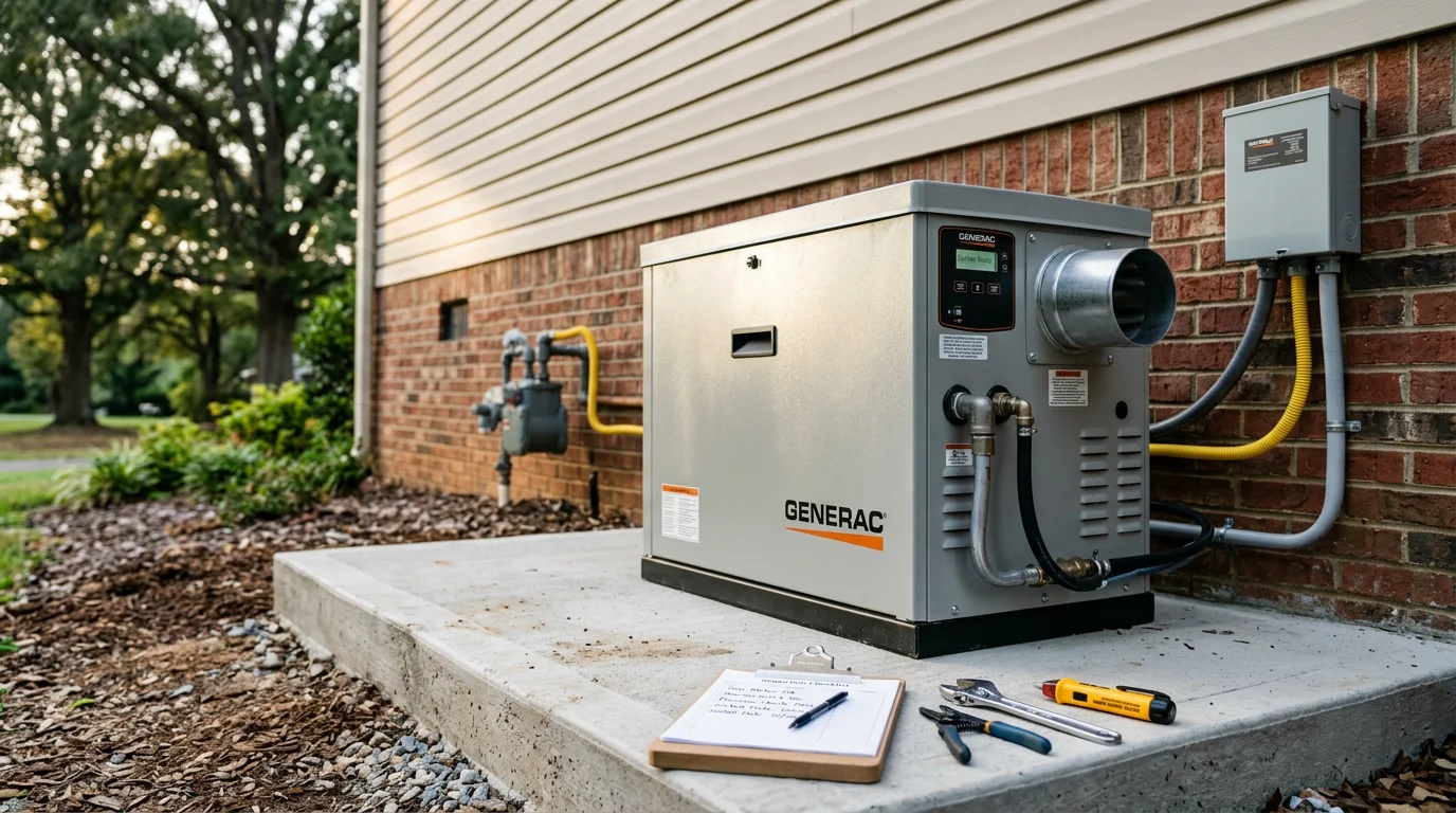 A Generac standby generator installed on a concrete pad beside a residential home in Muscle Shoals, Alabama. The unit is connected to the home's transfer switch and natural gas line, ready to provide automatic backup power.