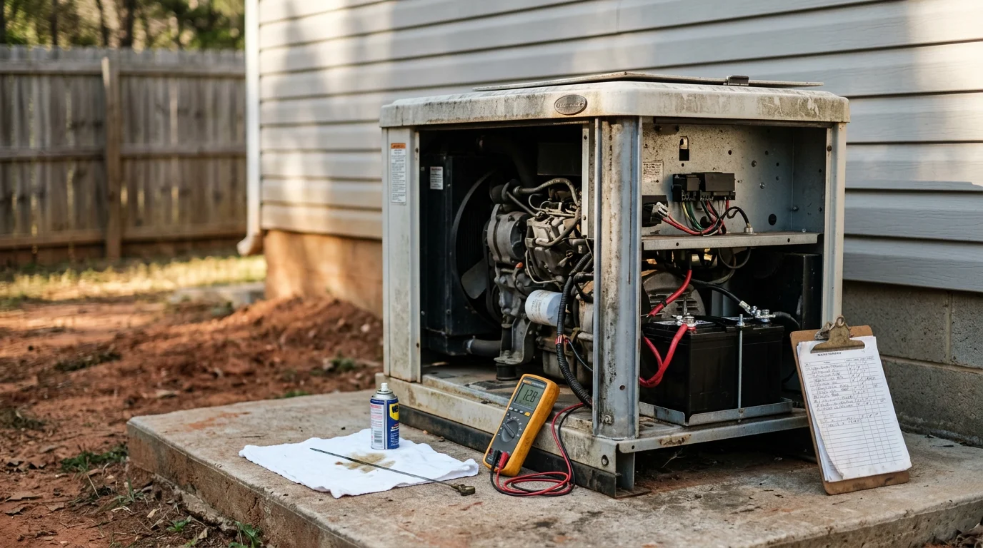 A standby generator unit outside a residential home in Muscle Shoals, Alabama being inspected by a technician from Henn Heating and Air. The technician checks internal components during a routine generator maintenance service visit.