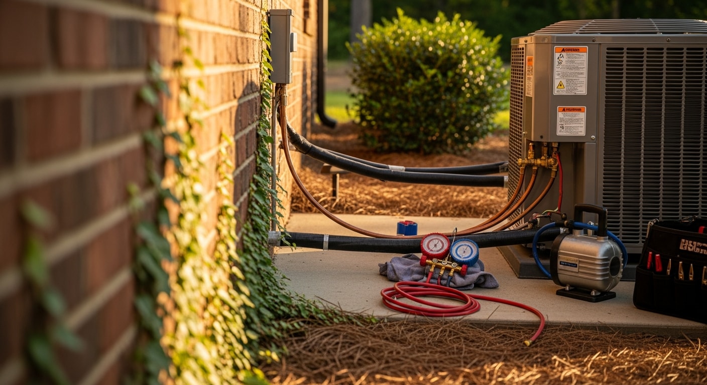 A newly installed heat pump outdoor condenser unit positioned beside a residential home in Muscle Shoals, AL, with clean refrigerant line connections and a freshly leveled pad. An HVAC technician from Henn Heating and Air checks system operation after installation.