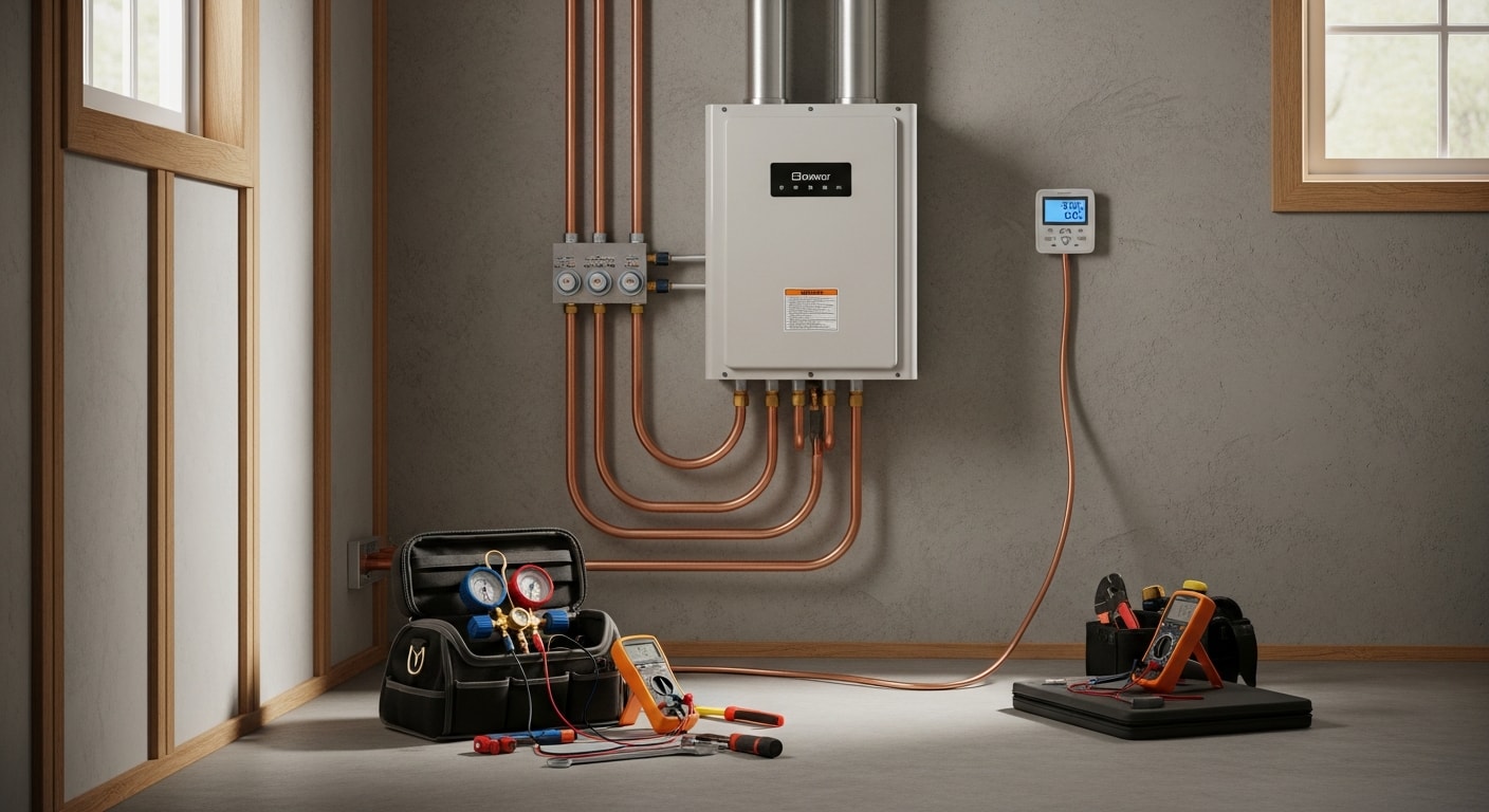 A newly installed heating system in a Muscle Shoals, AL home utility room, with clean ductwork connections and a digital thermostat mounted on the adjacent wall. A Henn Heating and Air technician inspects the unit after installation.