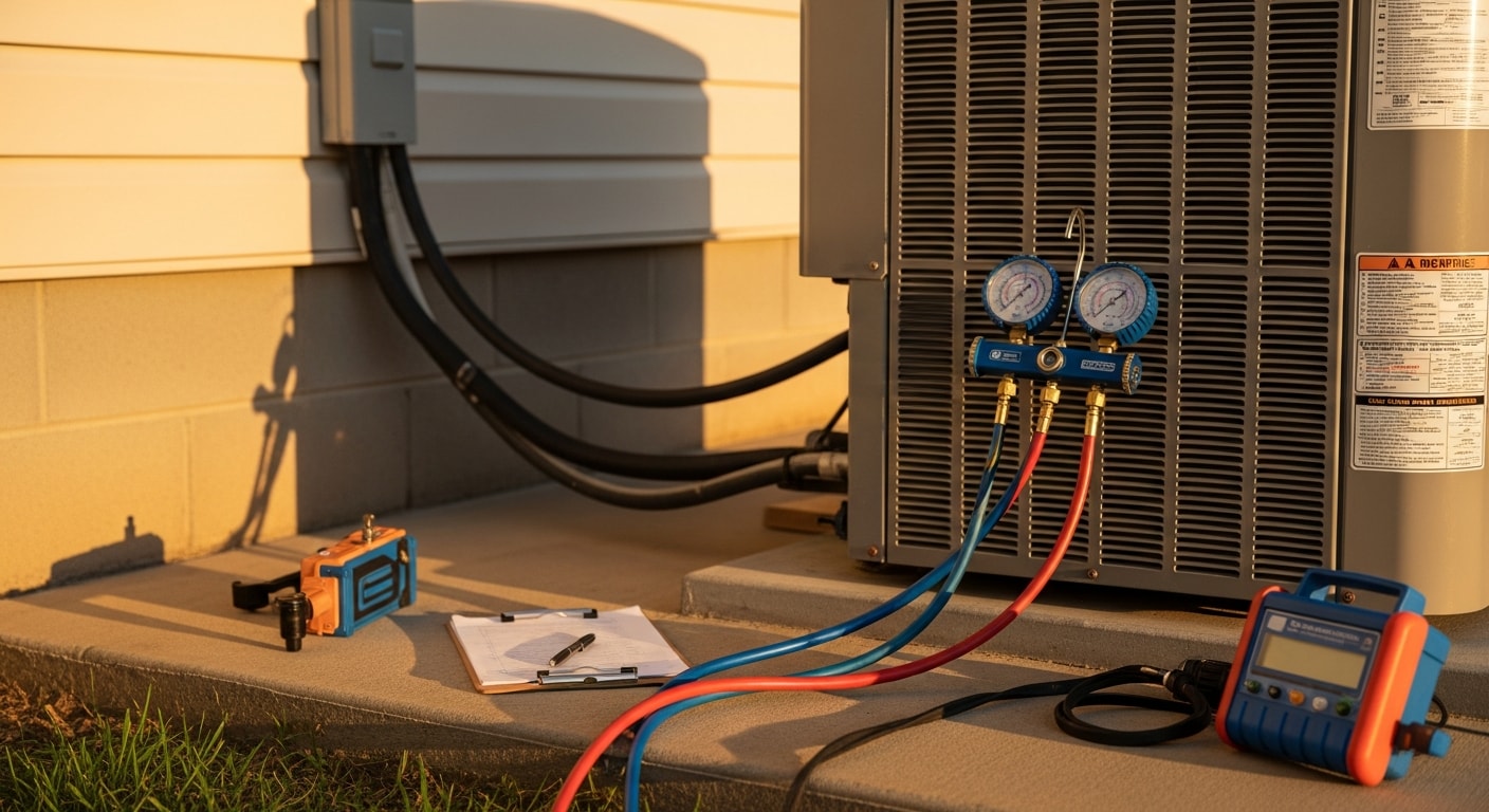 A Henn Heating and Air technician connecting refrigerant gauges to an outdoor AC condenser unit at a residential home in Muscle Shoals, AL. The technician checks system pressure readings during a refrigerant recharge service call.