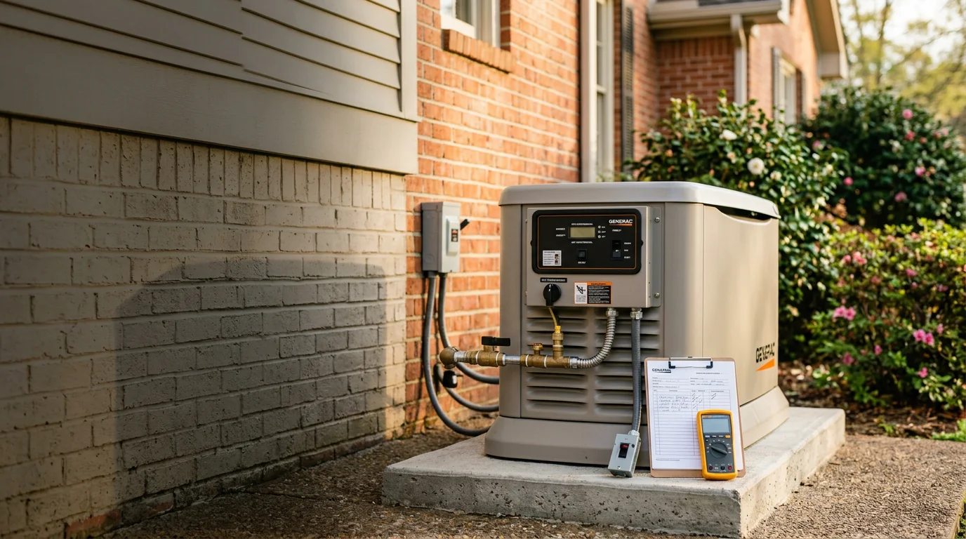 A standby whole home backup generator installed beside a residential home in Muscle Shoals, Alabama. The unit is mounted on a concrete pad next to the exterior wall, ready to supply power during an outage.